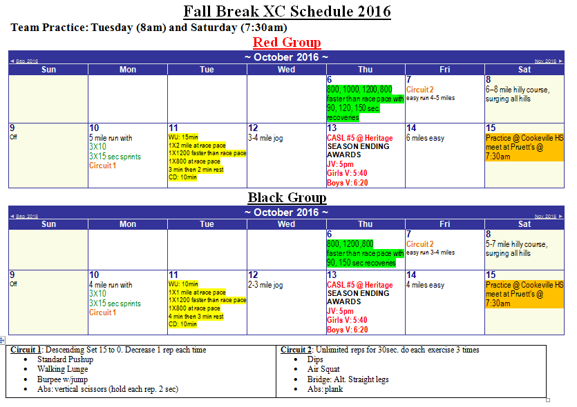 Fall Break Training Schedule - Signal MountainTrack and Field and Cross